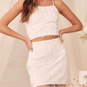 Dancing in a dream white fringe lace up two piece mini dress